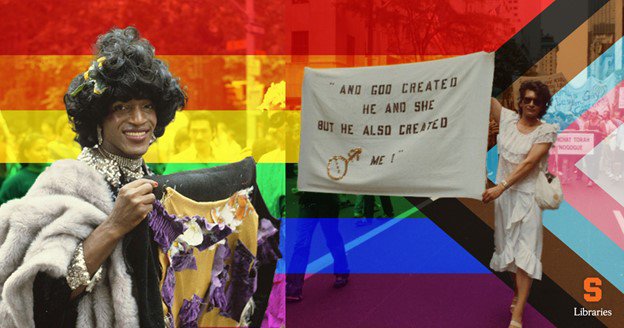 rainbow graphic with a collage of historical images related to LGBTQ History Month