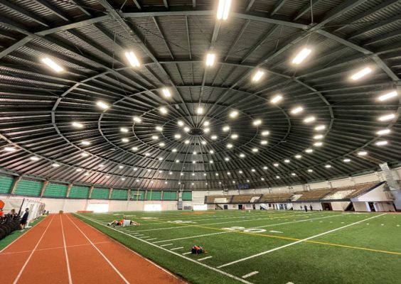 interior view of Lally Athletics Complex Arena's new lighting fixtures