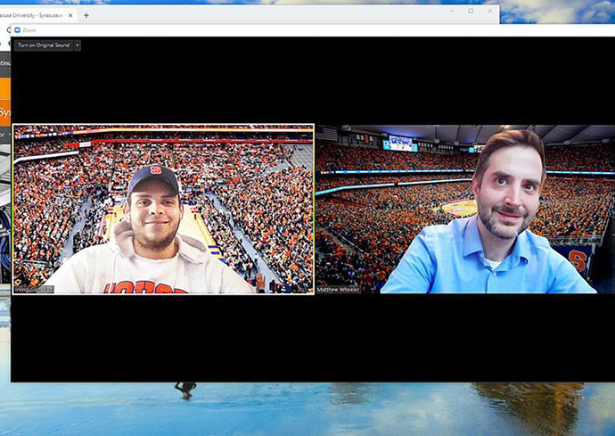 Screen shot of two people on a Zoom call on a computer.