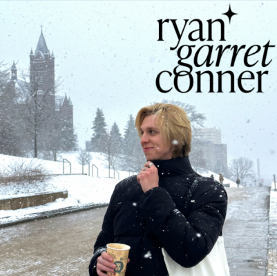 portrait of Ryan Garret Conner on campus in the snow with the text "Ryan Garret Conner"