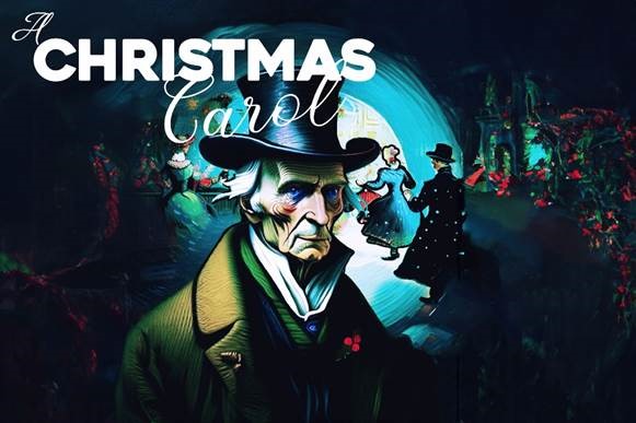 graphic of a person in period clothing with words A Christmas Carol