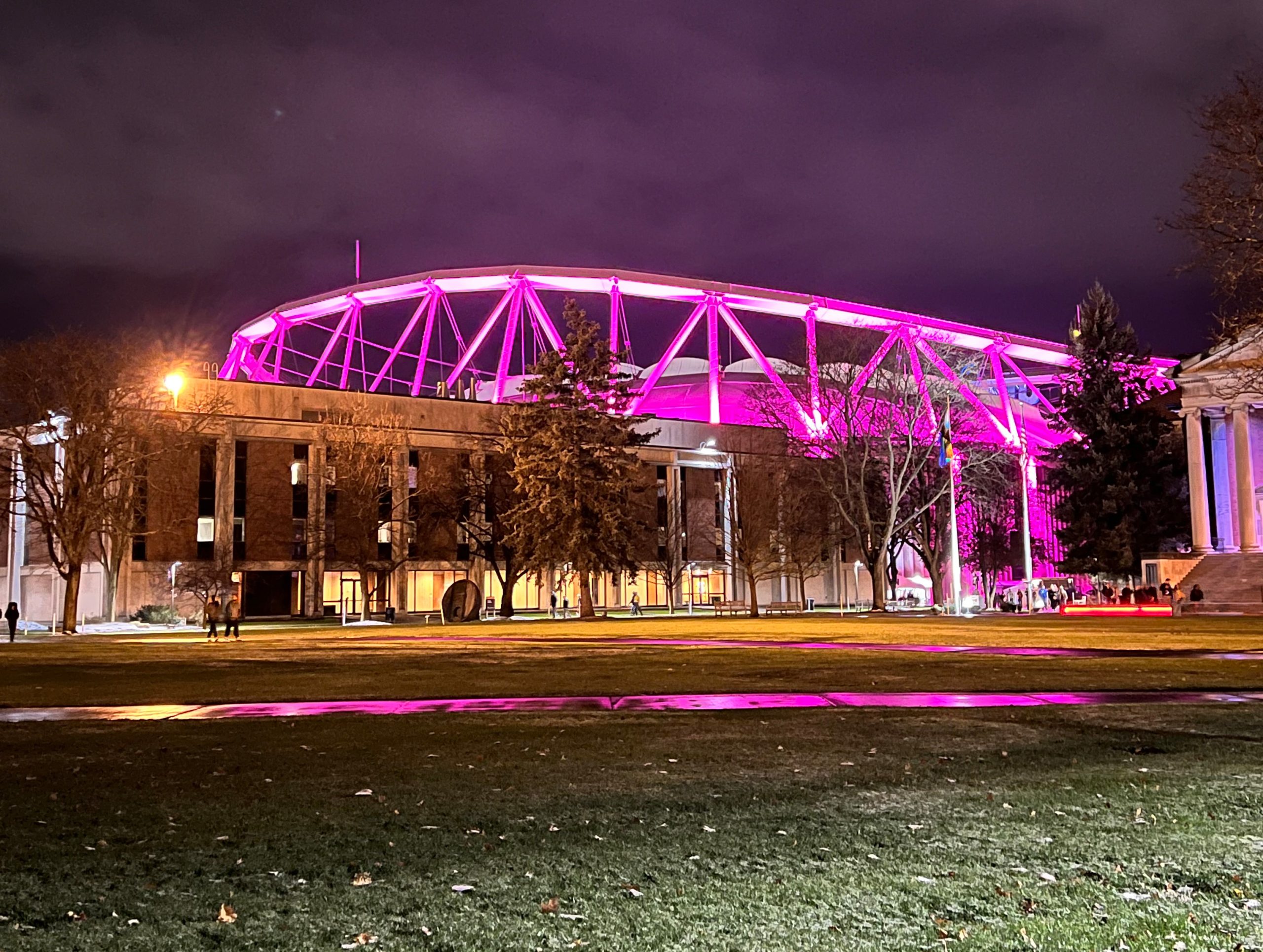 View of the Dome from the Quad lit up in pink