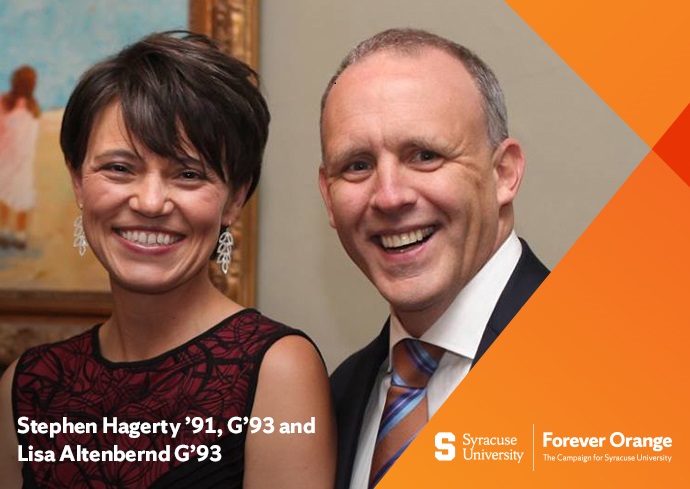 two people in graphic with words Stephen Hagerty ’91, G’93 and Lisa Altenbernd G’93, Syracuse University, Forever Orange, The Campaign for Syracuse University