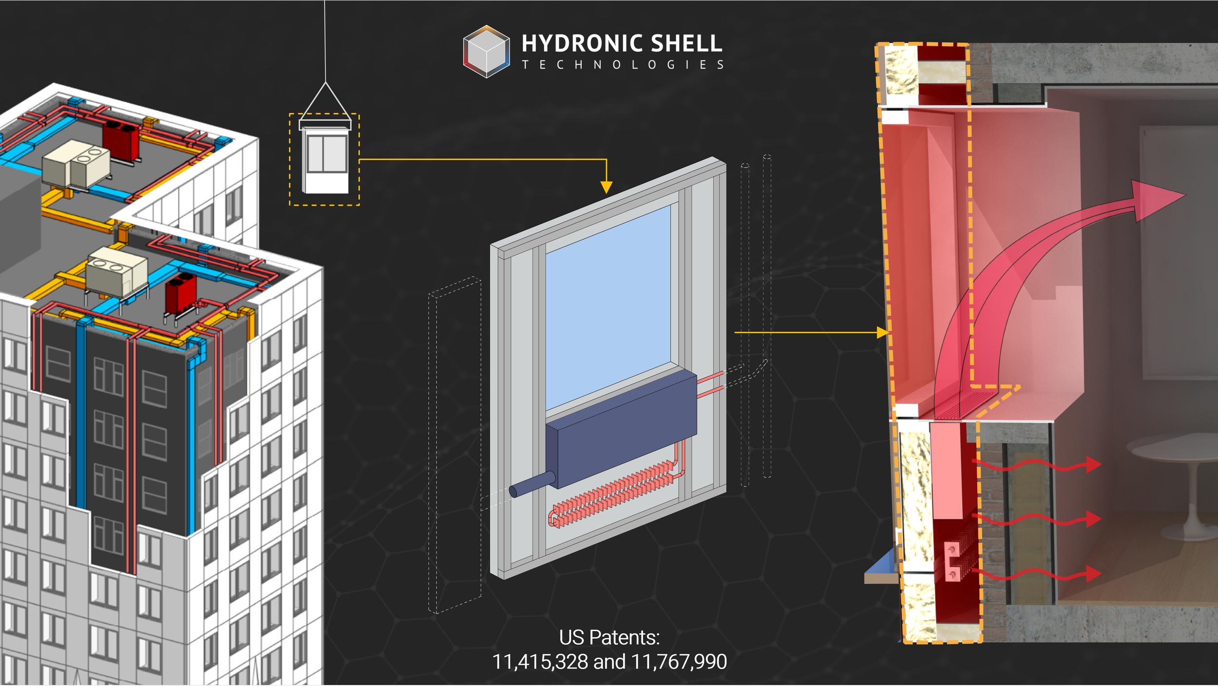 illustration of patented building technology that uses prefabricated, modular panels by Hydronic Shell Technologies