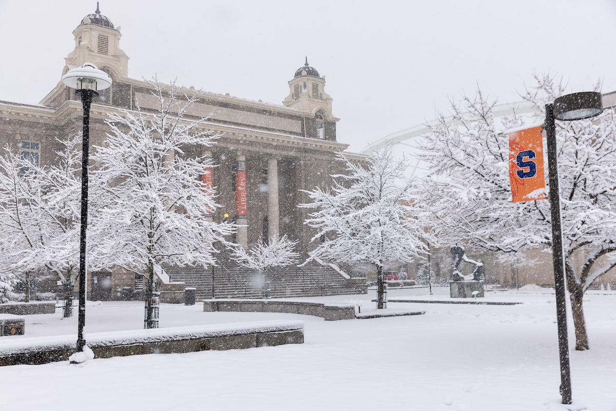 Exterior of Carnegie Library and the Orange Grove covered in snow.