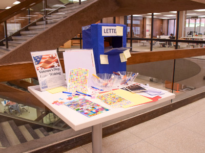 Veterans letter writing station in Bird Library