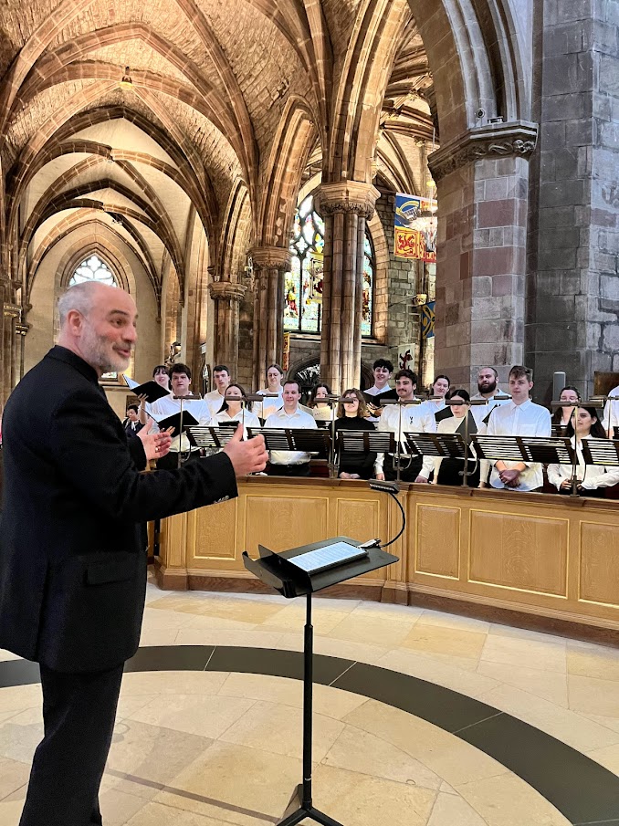 Peppie Calvar leads the Hendricks Chapel Choir at St. Giles Cathedral in Edinburgh.
