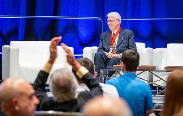 Professor Sam Clemence appears on stage at a recent Deep Foundations Institute conference