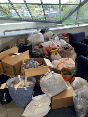 Pile of donated items in the Goldstein Student Center