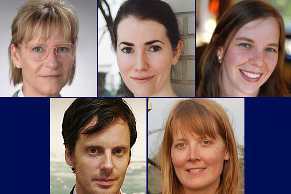Composite of five faculty headshots on a blue backdrop