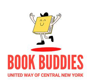 an animated book and the text "Book Buddies United Way of Central New York"