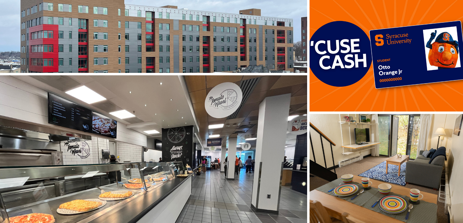 Composite of four images, top left is an exterior of the Marshall, bottom left is of the Tomato Wheel, a grab and go style restaurant, bottom right is the inside of a south campus apartment and the top left is an SU ID with Otto the Orange on it and the words 'Cuse Cash.