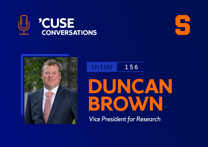 A man poses for a headshot outside of Carnegie Library. The Cuse Conversations logo is in the upper left, an Orange block S is in the upper right, and the text Duncan Brown, Vice President for Research is next to the headshot.