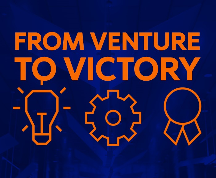 graphic with words From Venture to Victory, with icons of lightbulb, gear and medal