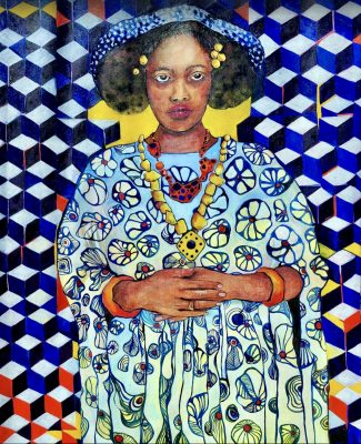 Woman in patterned dress--MLK art gallery