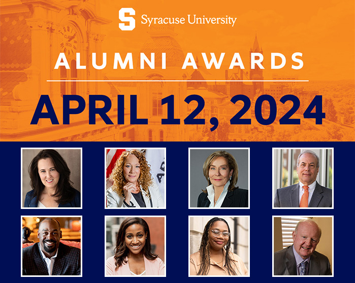 Headshots of the eight honorees for the 2024 Syracuse University Alumni Awards with the accompanying text Syracuse University Alumni Awards April 12, 2024