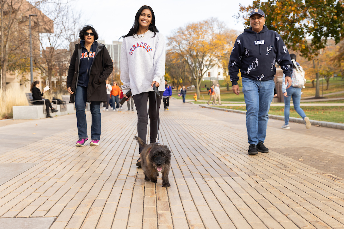 Three people walking on the promenade with the individual in the middle walking a dog. 