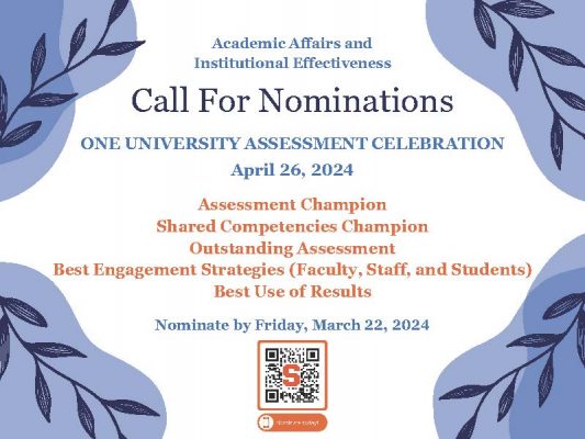 Academic Affairs and Institutional Effectiveness Call for Nominations One University Assessment Celebration on April 26, 2024.