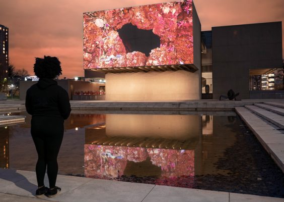 A woman admires a video that is being projected onto the side of a building.