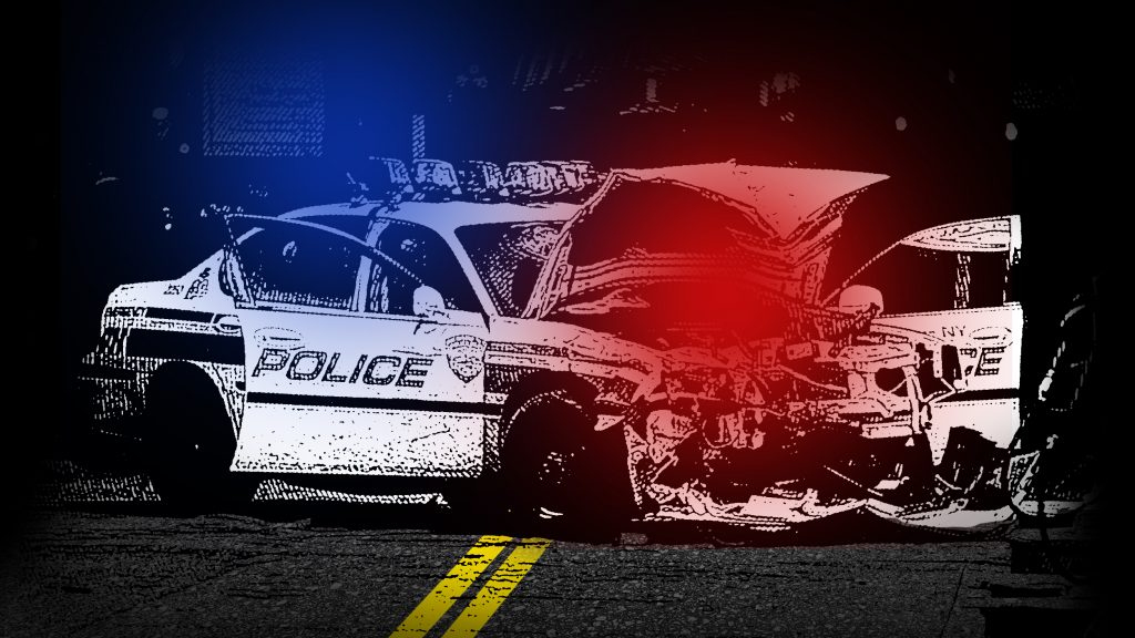 Illustration of a police car crash with red and blue lights on top of it.