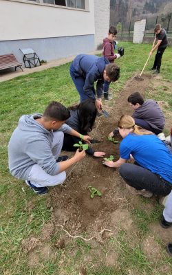 Fulbright grantee Anna Poe '20, planting a garden with others in Spain