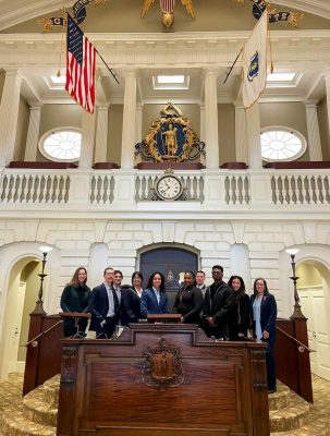 Students visit the Massachusetts State House in Boston.