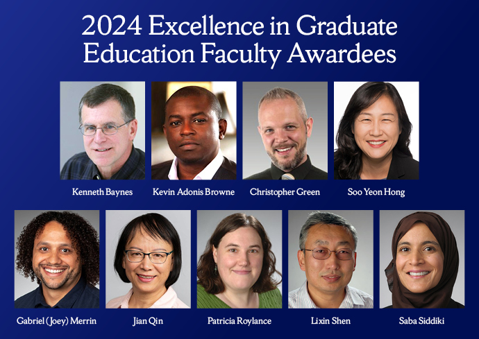 The title reads 2024 Excellence in Graduate Education Faculty Awardees, with the headshots and names of the nine faculty award recipients below the title.