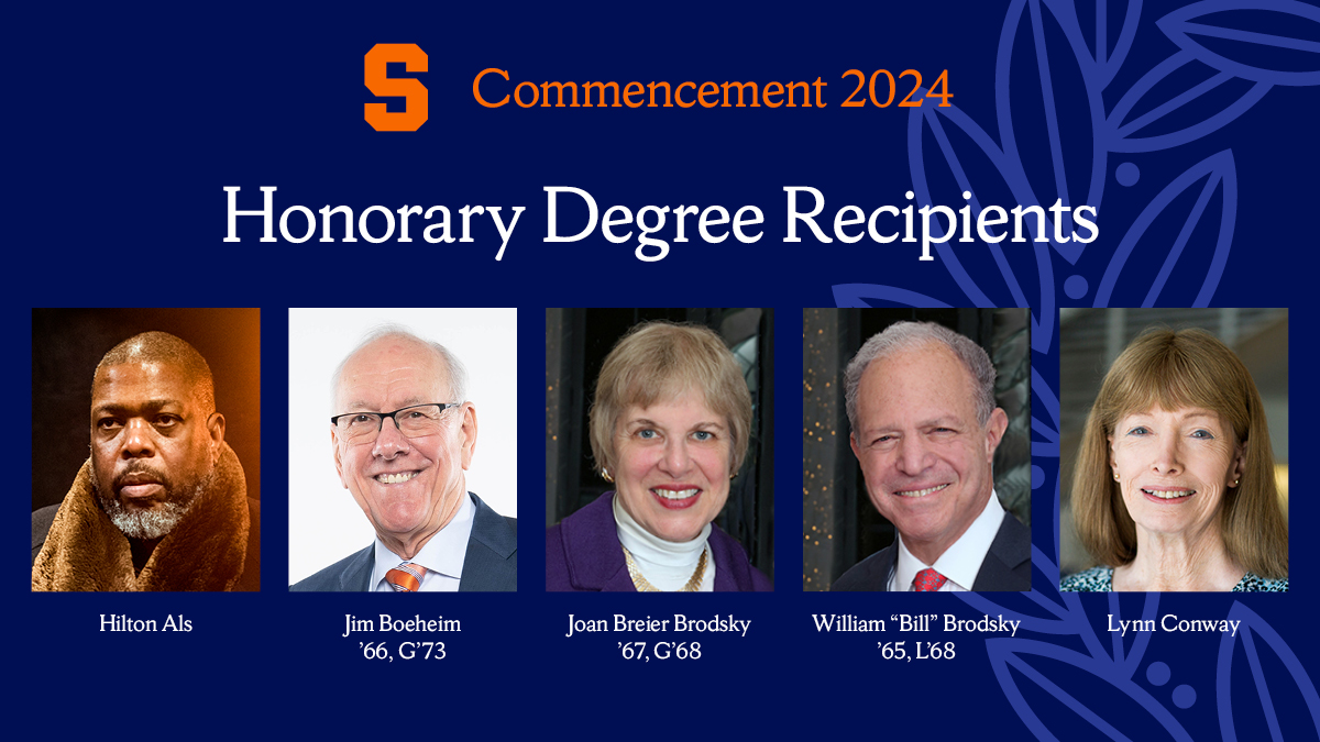 graphic with photos of five people with text Commencement 2024, Honorary Degree Recipients, Hilton Als; Jim Boeheim ’66, G’73; Joan Breier Brodsky ’67, G’68; William “Bill” Brodsky ’65, L’68; Lynn Conway