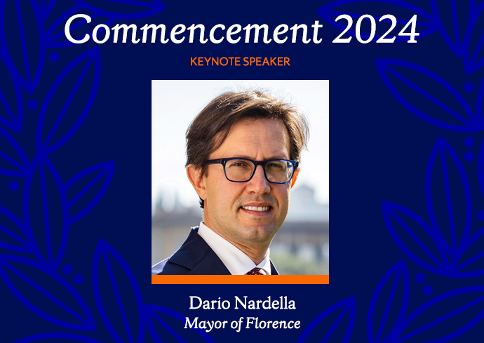 Commencement 2024 Keynote Speaker Dario Nardella Mayor of Florence with a headshot of a man wearing glasses