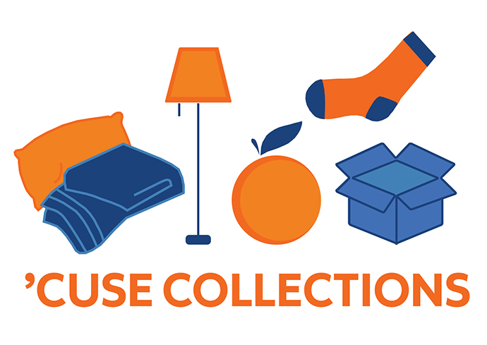 ’Cuse Collections logo with orange and blue pillows, blankets, orange, lamp sock and box