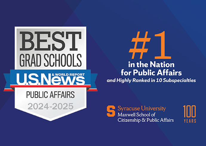 The text best grad schools U.S. News & World Report Public Affairs 2024-2025 along with the Syracuse University block S logo and the words Maxwell School of Citizenship & Public Affairs.
