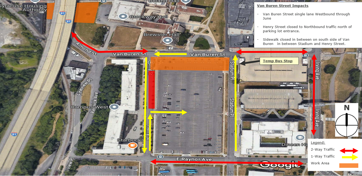 Map of the west side of campus showing that the eastbound lane on Van Buren Street will be closed. 