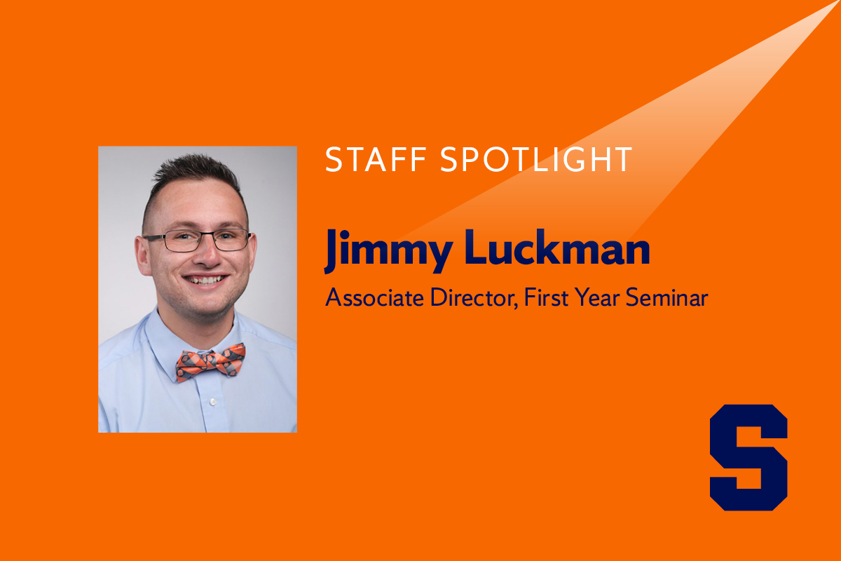 A man smiles for a headshot wearing a bow tie. The text reads: Jimmy Luckman, associate director, first year seminar.