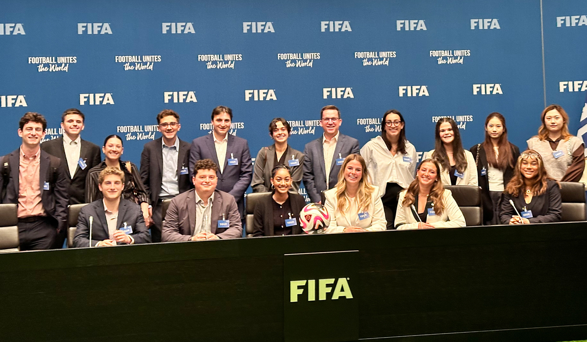Students gather at FIFA's world headquarters in Zurich, Switzerland.