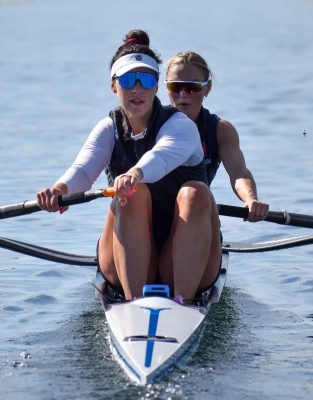 Two women rowing