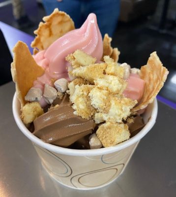 Dish of ice cream with chocolate and strawberry ice cream, waffle cone pieces, and broken cake ppieces.