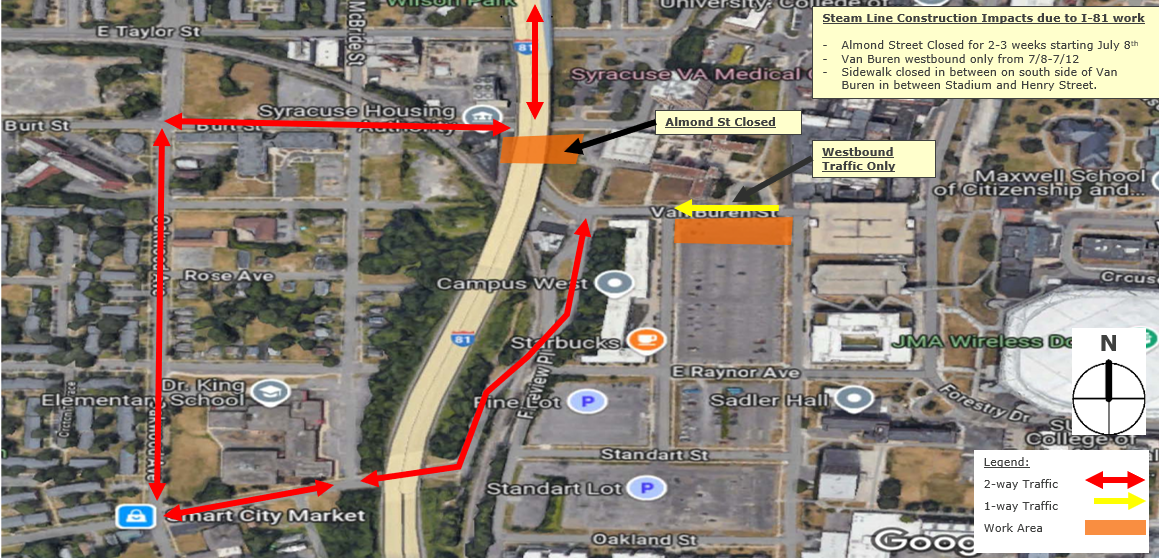 Image shows map of west campus and the detour related to the Almond Street Closure. Detour routes traffic from Almond Street west on Burt Street, then south on Oakwood Ave, then east on Martin Luther King and back to campus via Renwick Ave. Image also shows westbound traffic only on Van Buren Street between Stadium Place and Henry Street.