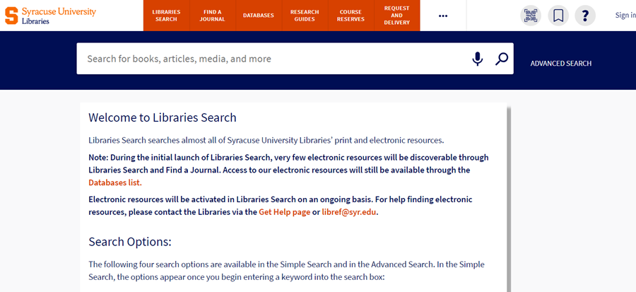 screengrab of new Libraries Search interface on library.syracuse.edu