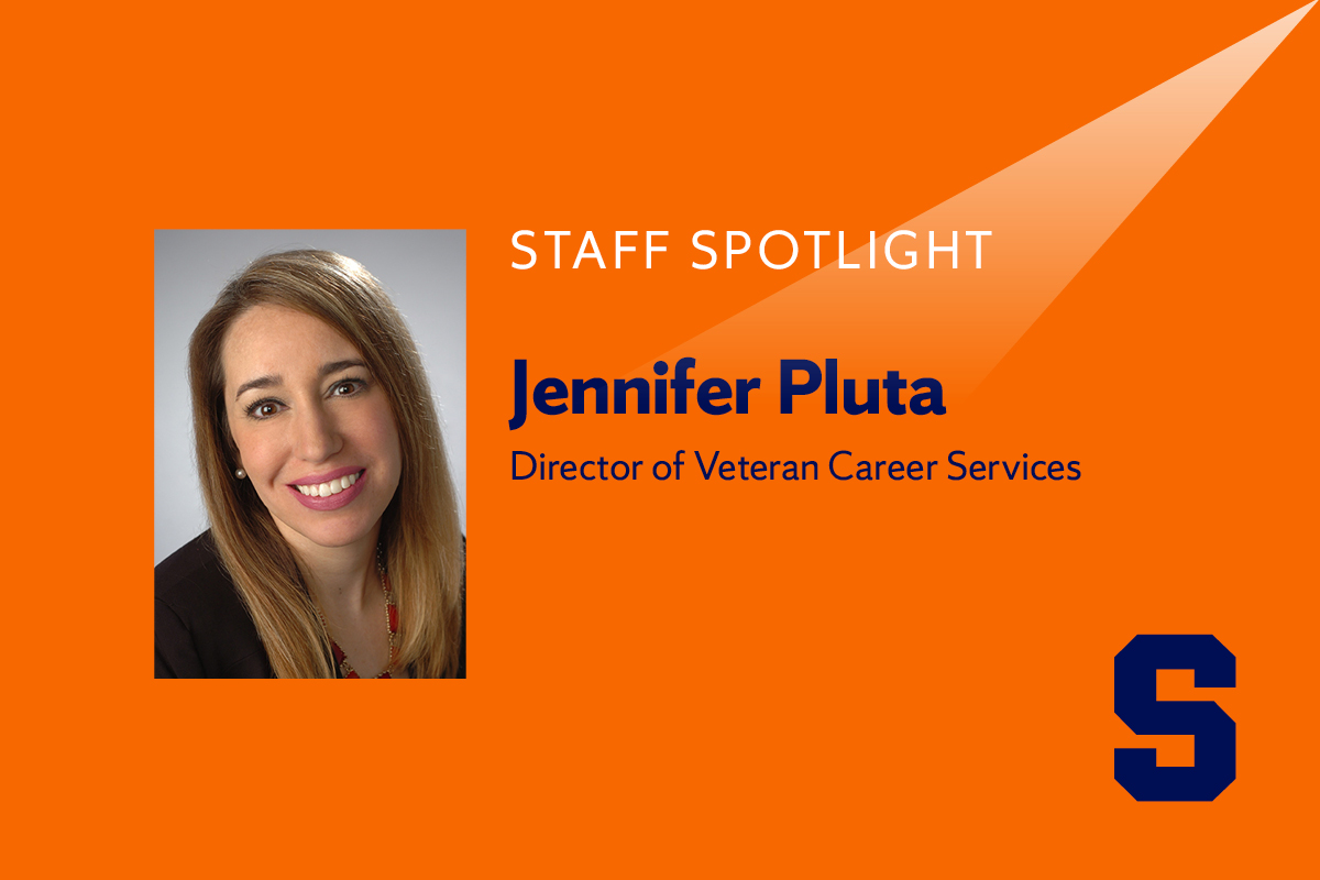 A woman smiles for a headshot with the accompanying text staff spotlight, Jennifer Pluta, director of veteran career services.