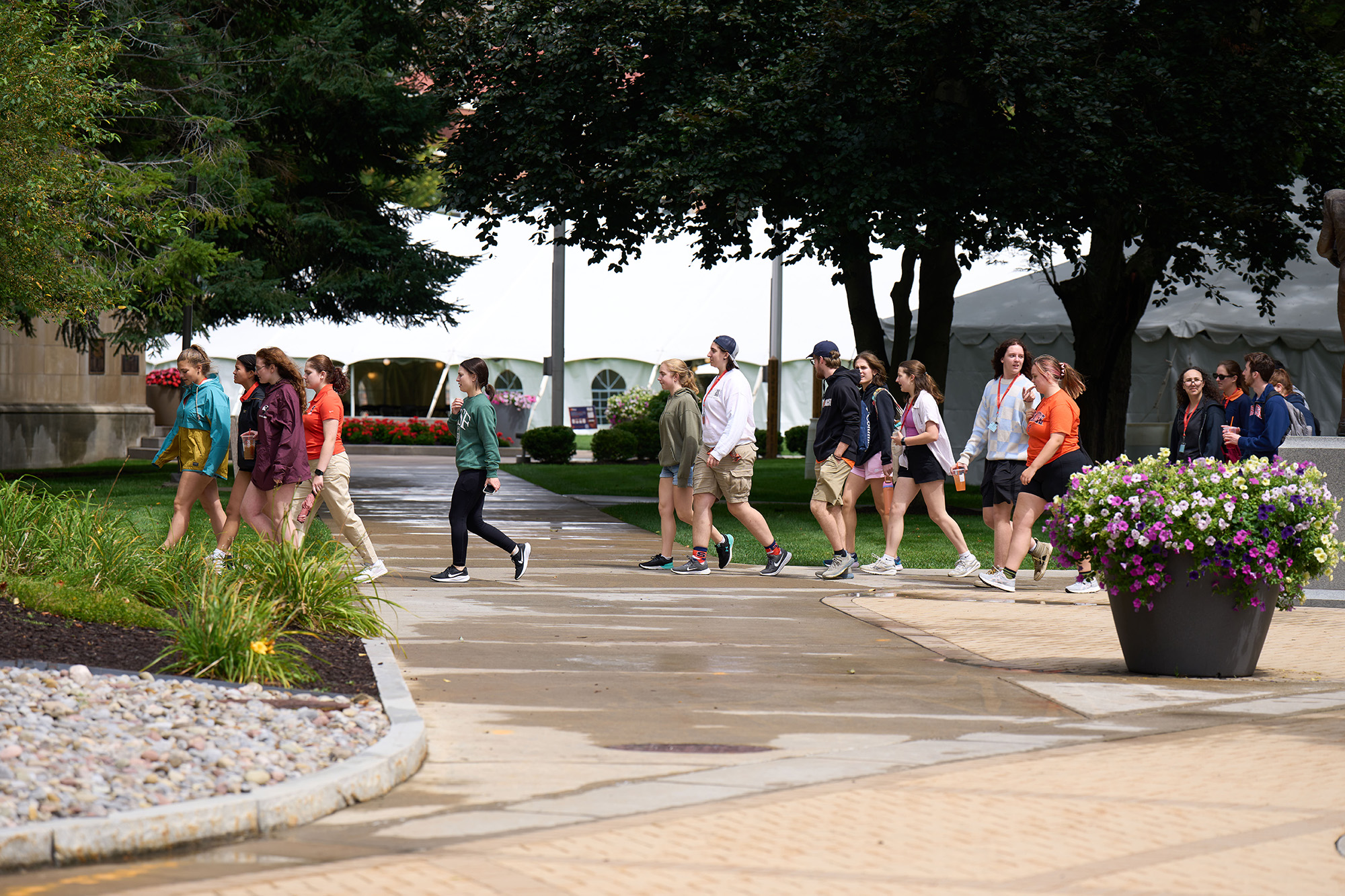 Large group of people walking across the Quad.