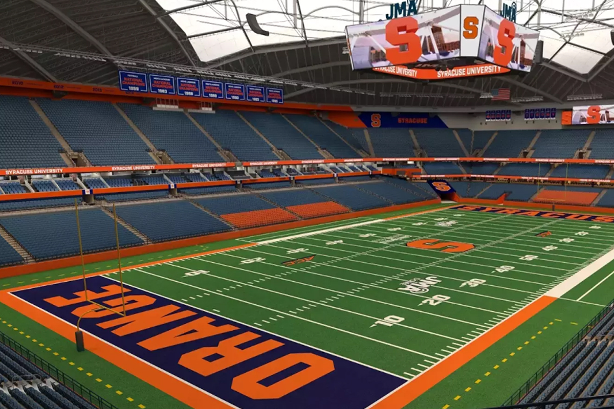 An aerial view of the soccer field from inside the JMA Wireless Dome.