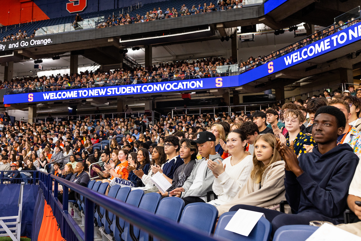 Students sit in the stands at the JMA Dome.