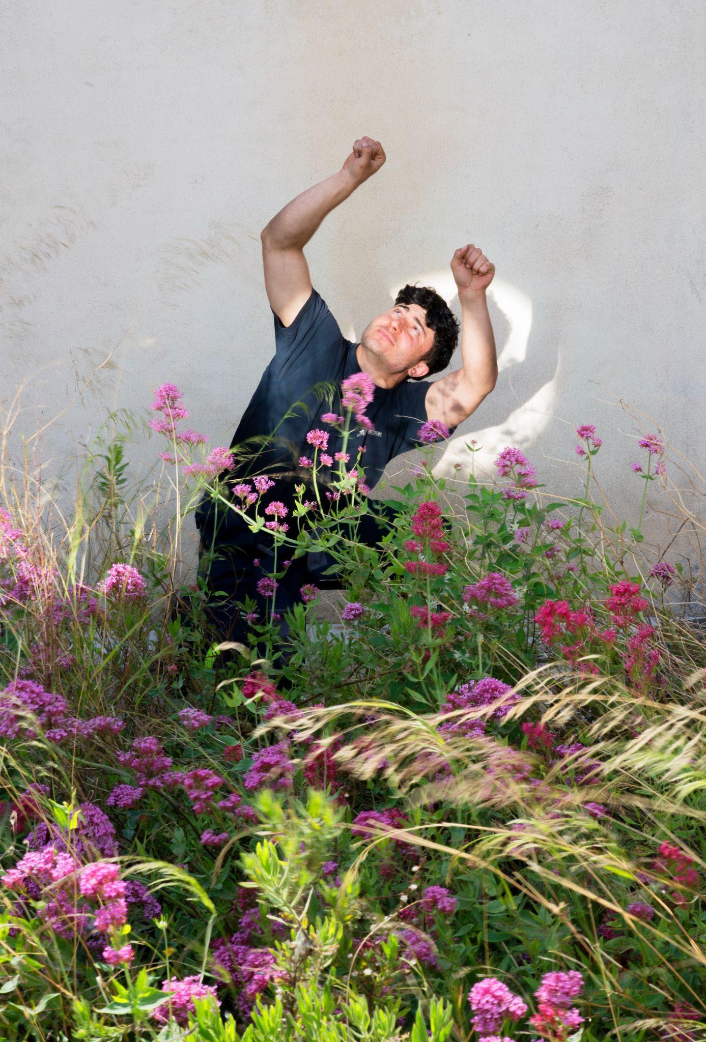 Person standing in flowerbed