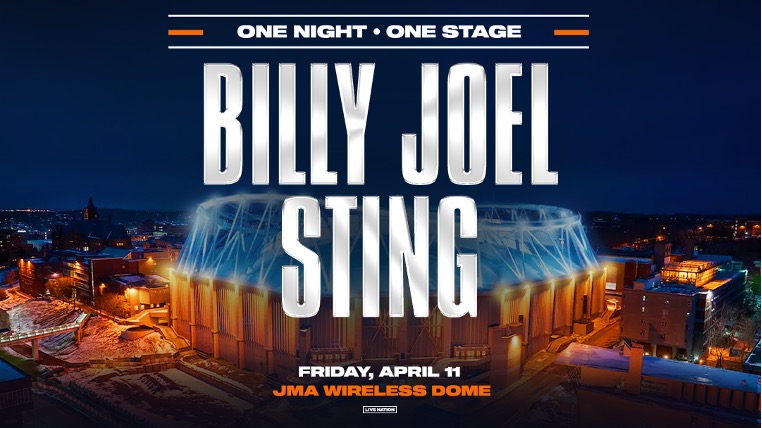 Promotional poster for a concert featuring Billy Joel and Sting at JMA Wireless Dome on Friday, April 11. The image shows an aerial night view of the illuminated venue.