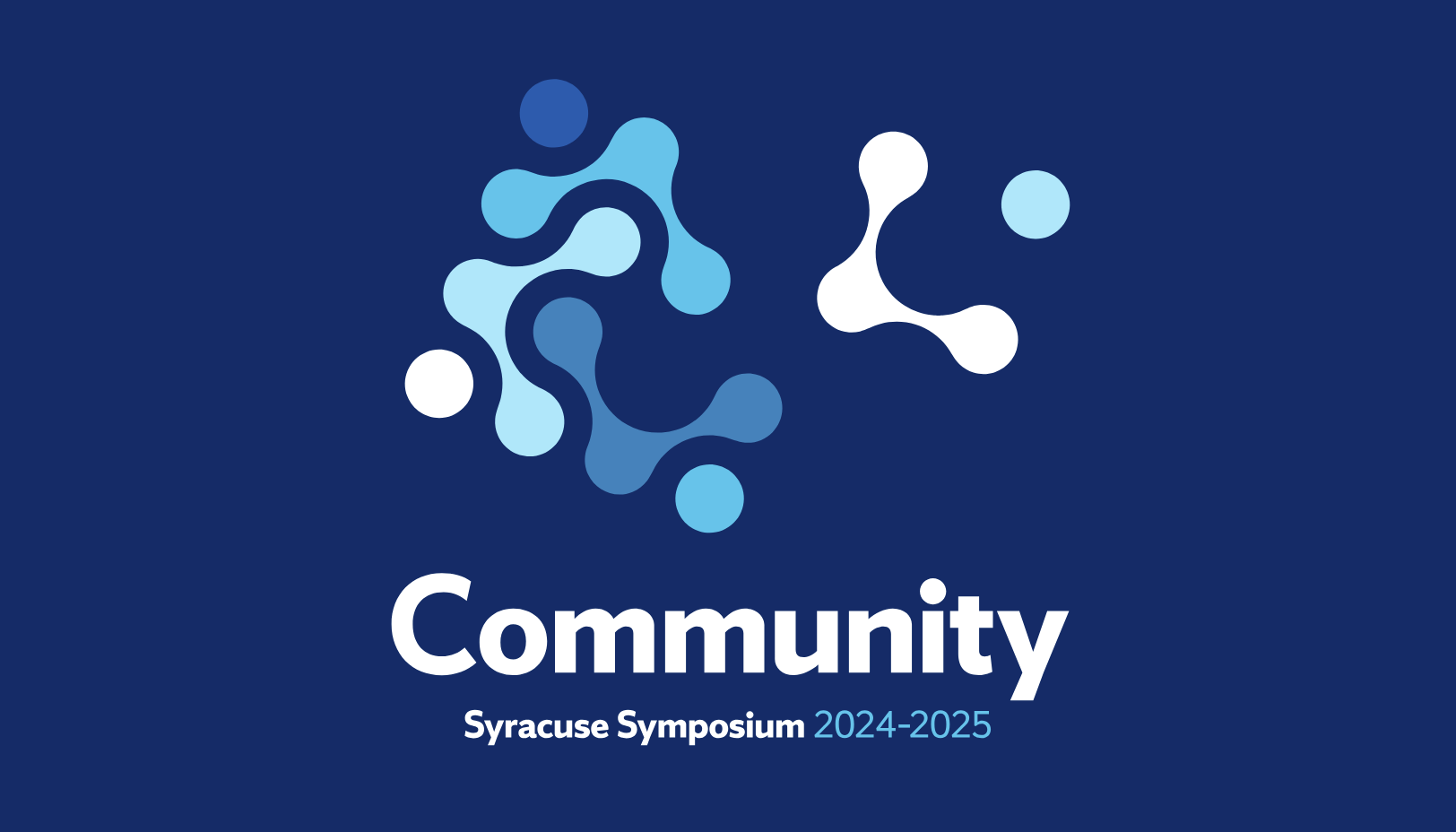 An abstract design on a blue background with the words "Community Syracuse Symposium 2024-2025"