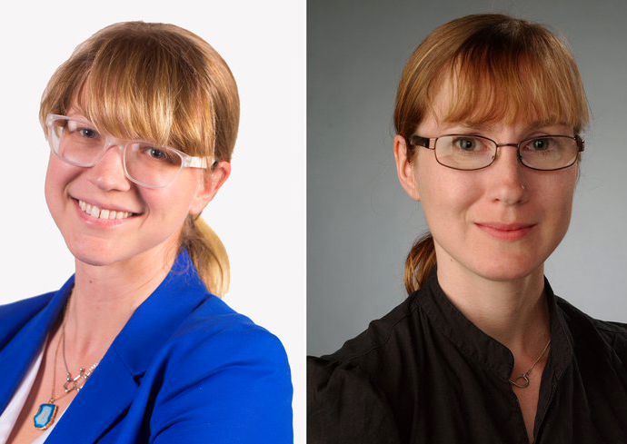 Two women smile while posing for headshots as part of a composite photo.