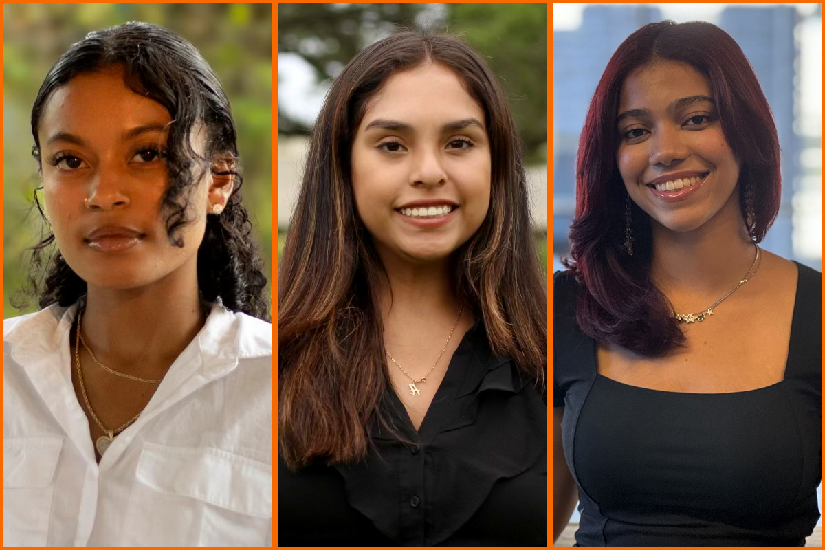 A composite photo of three students smiling for their headshots.