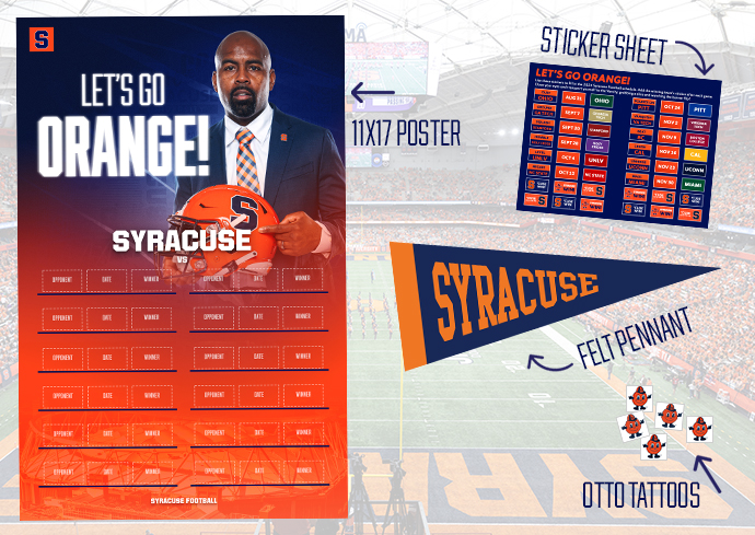 composite image of Game Day Kit including a poster, sticker sheet, pennant and temporary tattoos