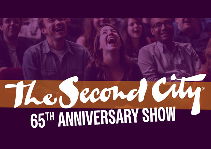 People in an audience cheering with text that says "The Second City 65th Anniversary Show"