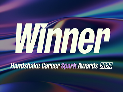 Graphic announcing the "Winner of the Handshake Career Spark Awards 2024" with vibrant, wavy background colors.